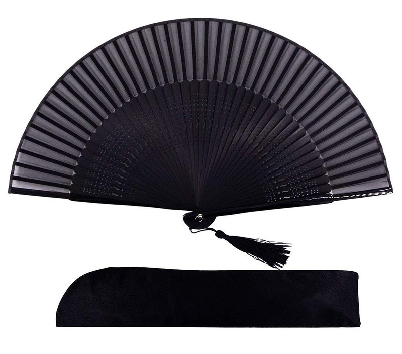 Amajiji 8.27"(21cm) Hand Held Bamboo Silk Folding Fan Hand Fan,Chinese/Japanese Charming Elegant Vintage Retro Style,Women Ladys Girls Best Gifts (Black-2) - Image 1